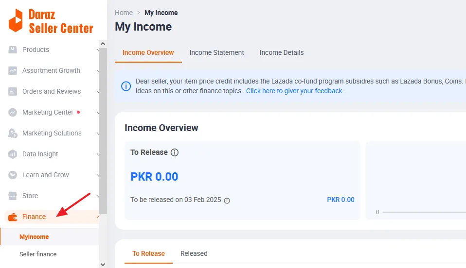 On the Finance tab, a seller can manage and keep track of all his finances such as Income Overview, Income Statement, and Income Details.