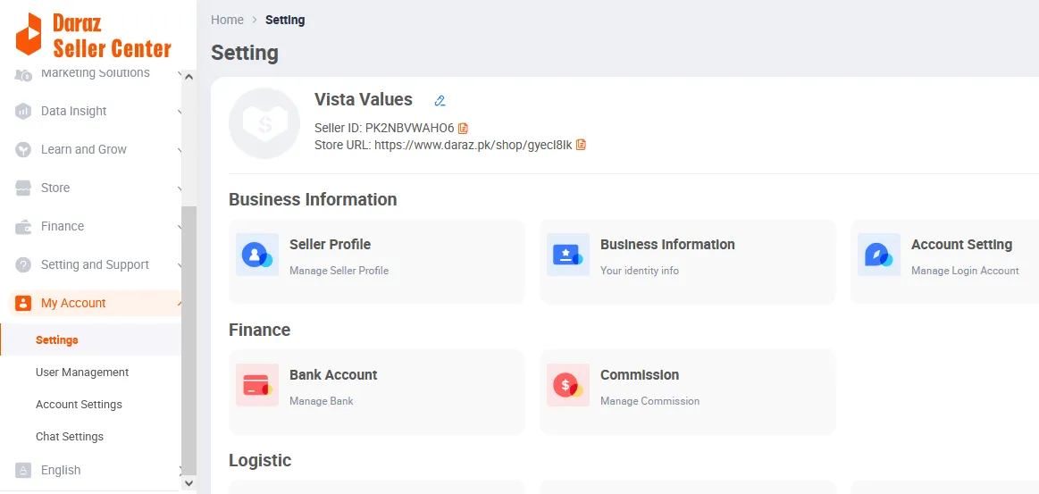 On the My Account tab a seller can manage Business Information, Account Settings, Finance, Logistics, Users, Chats, and Notification Settings.