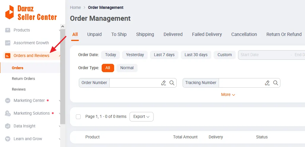 On Orders and Reviews you can manage Orders, Return Orders, and Customer Reviews.