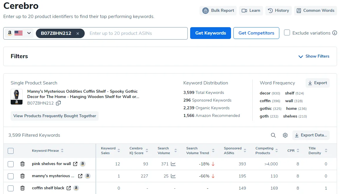 The Cerebro tool allows you to perform Amazon Reverse ASIN Lookup to find keywords that competing products are ranking for