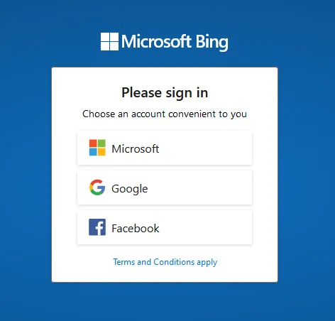 Sign in to your Bing Web Masters Tools account. You have three options Microsoft, Google, and Facebook.