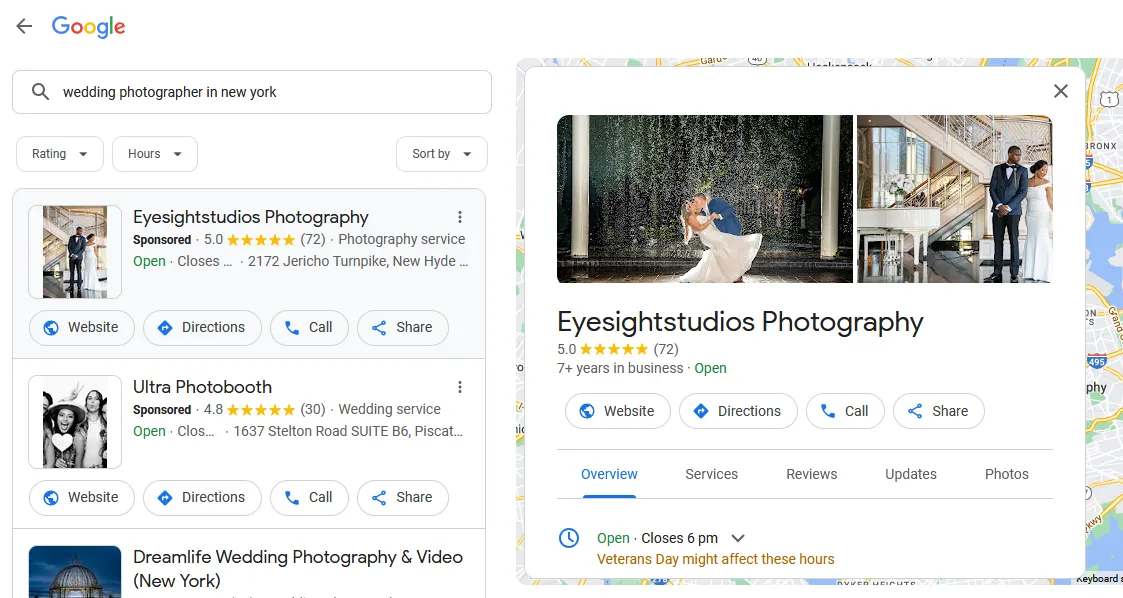 Example of How Google Business Profile of Photographers appear on Google.