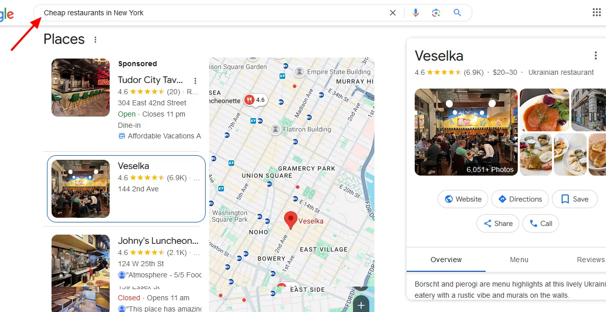 Business profiles on Google of top-rated cheap restaurants in New York