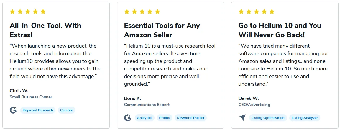 testimonials from real sellers who have benefited from Helium 10: