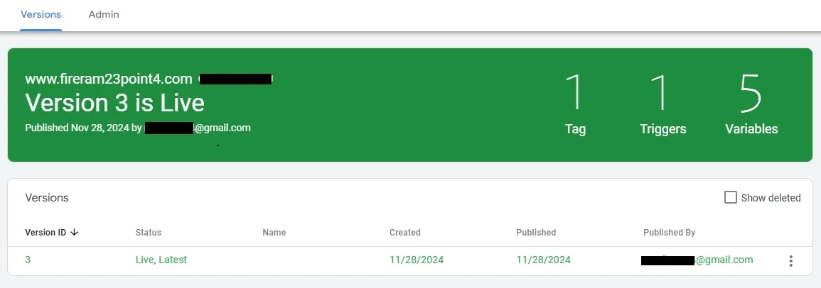 The Version is Live. It is showing Number of tags, triggers, and variables.