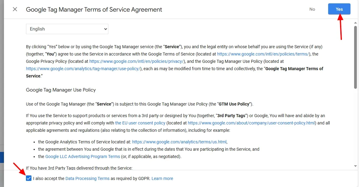 Tick "I also accept the Data Processing Terms as required by GDPR."