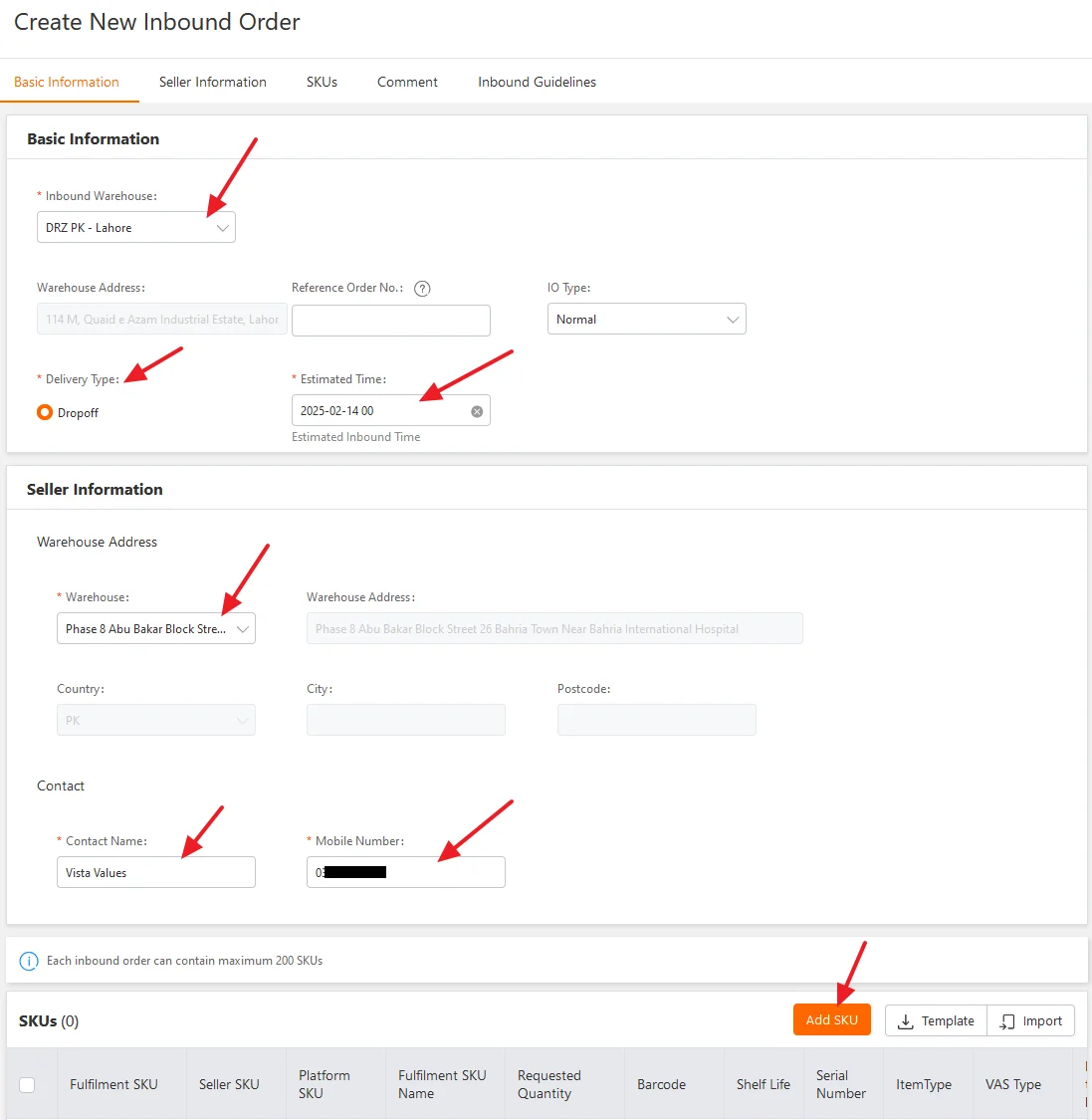 Create New Inbound Order