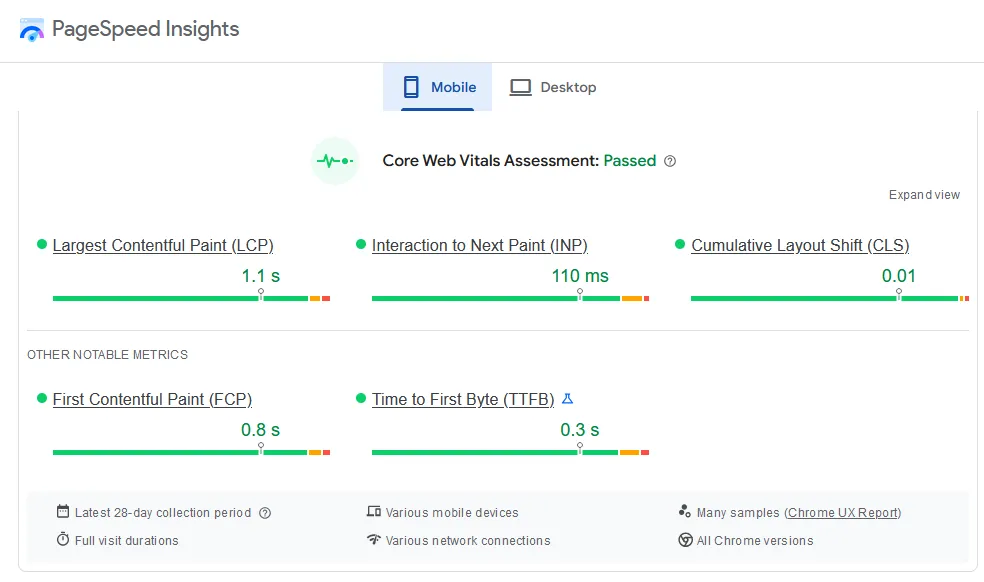 PageSpeed Insights Core Web Vital Assessment of a food blog