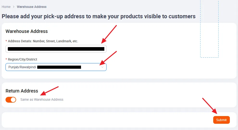 Enter Address Details like Number, Street, Landmark, etc. Select Region/City/District from the dropdown list.