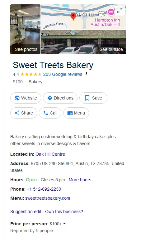 Google Business Profile of Sweet Treats Bakery.