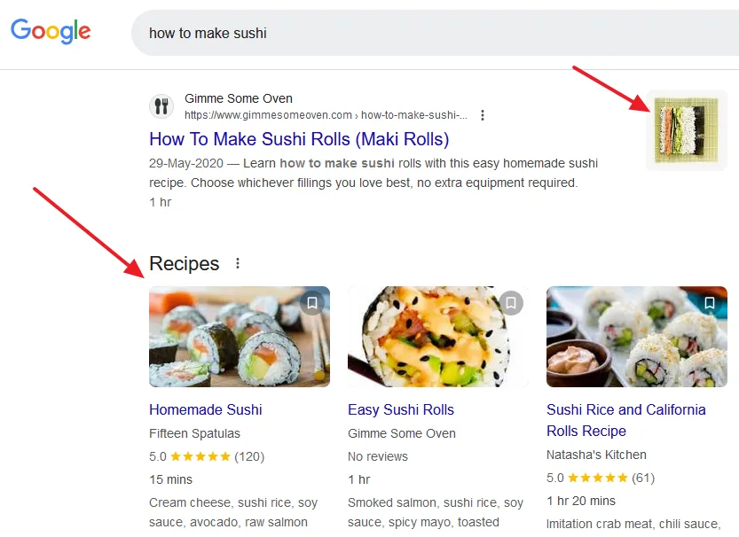 Rich Snippets in the Google Search Results for the search query "how to make sushi". 