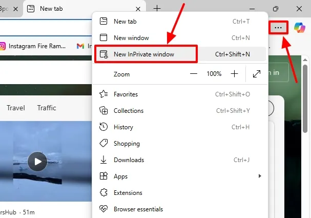 Open the Microsoft Edge browser on the desktop and go to Settings and more icon. Click on the New InPrivate window.