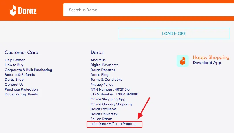 Open the Daraz website and scroll down to the bottom (footer) of the page and click on Join the Daraz Affiliate Program.