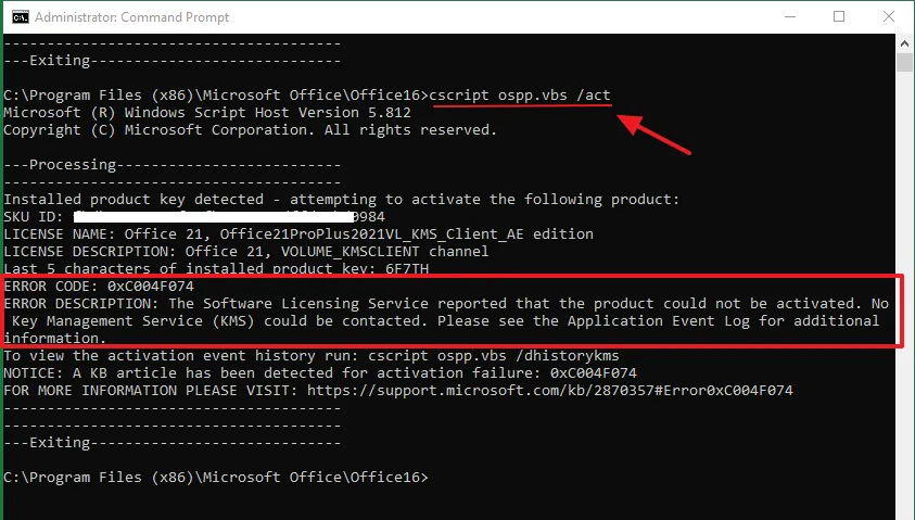 Run "cscript ospp.vbs /act" to activate MS Office