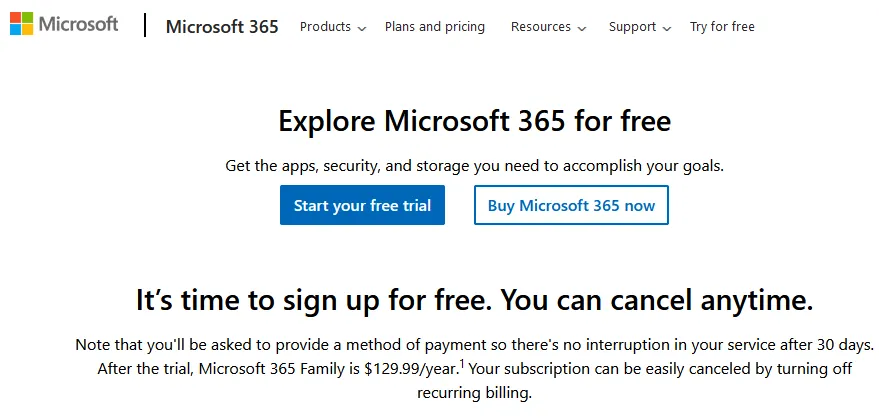 Visit the Microsoft 365 trial page. Click on the Start your free trial button.